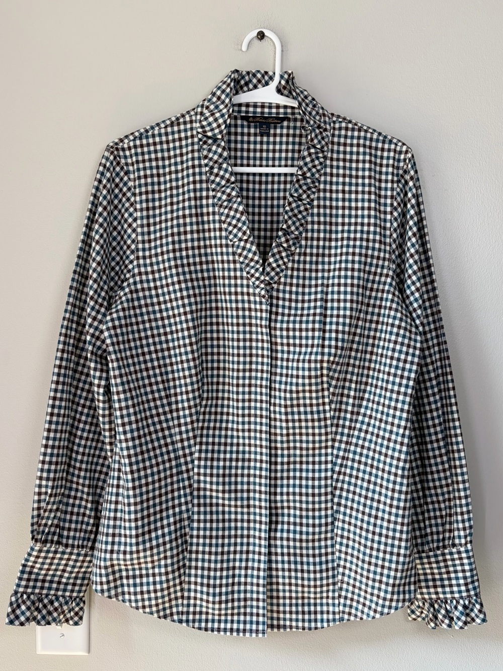 Brooks Brothers Gingham Plaid Ruffle Detailed Button Down Blouse Top